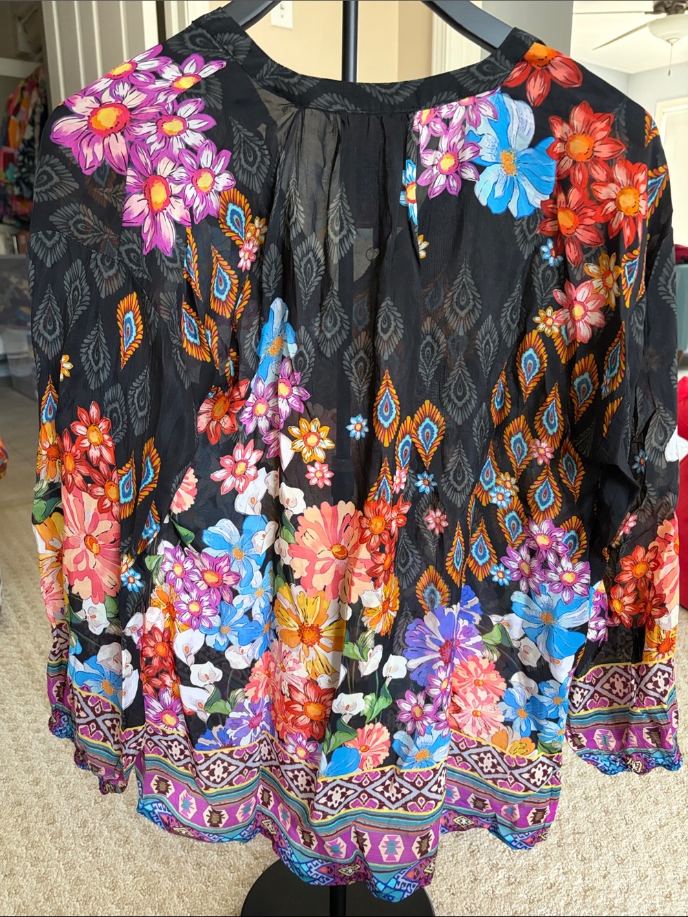 Johnny Was Margot Gerbera Black Floral Peasant Blouse with Multicolor Blooms - Picture 2 of 2